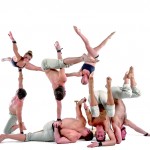 Sieben Akrobaten in verschiedenen Positionen vor weißem Hintergrund.