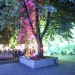 Großer bunt beleuchteter Baum im Innenhof der Praterinsel während einem Firmenevent.