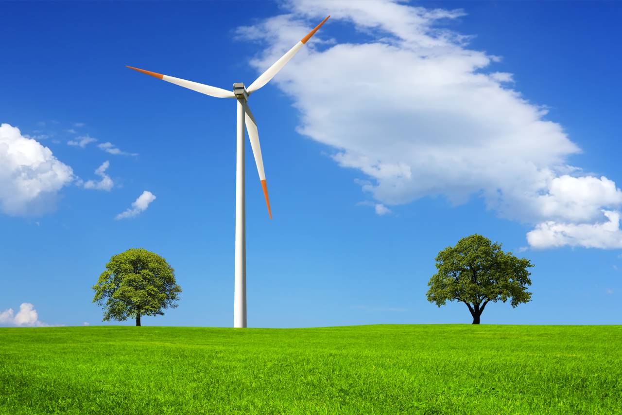 Windrad auf einer grünen Wiese mit zwei Bäumen. Der Himmel ist blau mit weißen Wolken.
